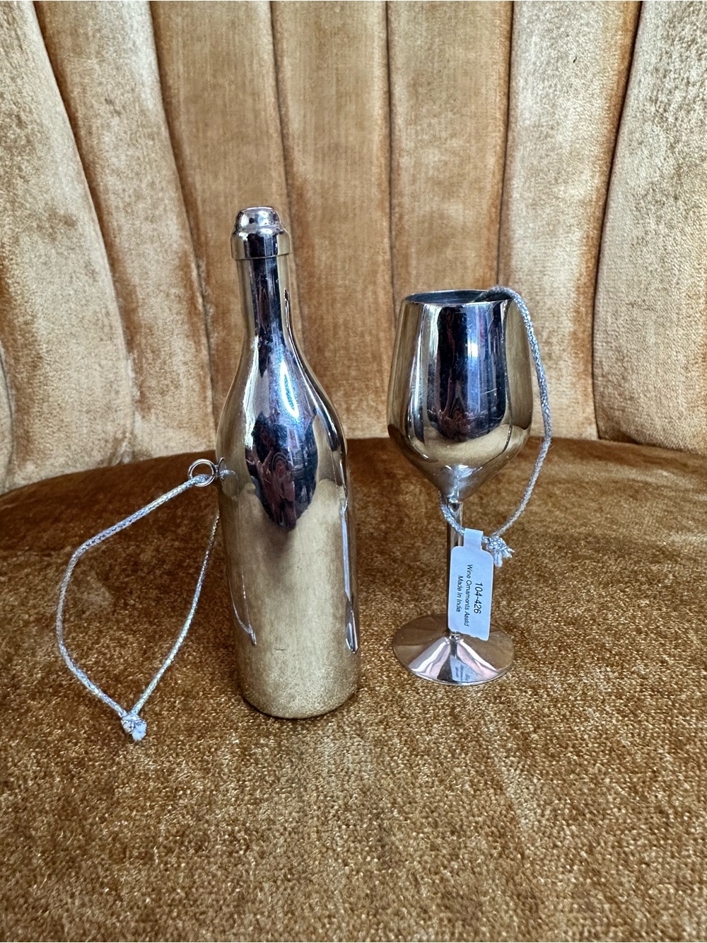 Crate&Barrel Silver Metallic Wine Bottle and Goblet Glass Ornaments